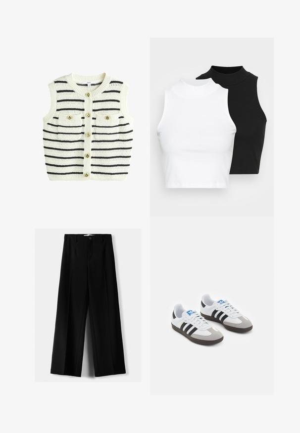 Ärmelloser Strickpullover in Off-White mit schwarzen Streifen, mit Rundhalsausschnitt, zwei vorderen Taschen und goldfarbenen Knopfdetails.; Zwei ärmellose, gerippte Rollkragenoberteile in Schwarz und Weiß, mit einer figurbetonten Passform und glatter Textur sowie einer cropped Länge.; Schwarze weite Hosen aus leichtem Stoff, mit einem Knopfverschluss vorne und flachem Bund, mit sorgfältig genähten Säumen.; Sportschuhe mit einem Obermaterial aus weißem Leder, grauer Wildleder-Zehenkappe und drei schwarzen Streifen. Sie verfügen über ein blaues Logo auf der Zunge und eine strukturierte Gummisohle.