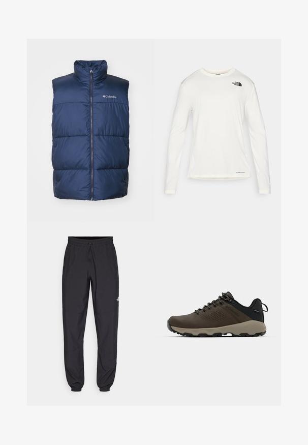 Columbia PUFFECT VEST - Vest - collegiate navy; Valge pika varrukaga särk ümmarguse kaelusega, tekstuuriga kangas, must logo vasakul õlal ja peen bränding alt. ; Mustavad sportlikud püksid, mis on valmistatud kergest kangast, joonlauaga taljest, küljetaskudega ja kitsenevate varrukatega pahkluude juures.; Kohandatud veekindlad pruunid spordijalatsid tekstuuriga pealisega, perforatsioonidega detailid, must kandetoetav osa ja hall kummine sisetald. Paelad on metallist otstega.