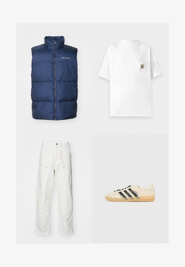 Columbia PUFFECT VEST - Weste - collegiate navy; Weißes Baumwoll-T-Shirt mit rundem Halsausschnitt, kurzen Ärmeln und einer Brusttasche mit Logoplatte. Minimalistisches Design und nahtlose Textur.; Weiße Baumwoll-Cargohose mit lockerer Passform. Zu den Merkmalen gehören Fronttaschen, goldfarbene Hardware-Akzente und verstärkte Kniebereiche.; Helle Creme Sneaker mit schwarzem Drei-Streifen-Design, strukturiertem Obermaterial, runder Zehenpartie und Gummisohle. Verfügt über Schnürsenkel und Branding an der Seite.