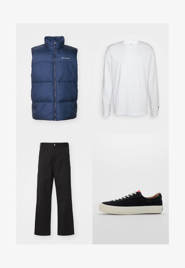 Columbia PUFFECT VEST - Veste - collegiate navy; Balta garām piedurknēm T-kreklā, kas izgatavots no kokvilnas. Arapa kakla dizains ar ribotām aprocēm un mazu logotipu uz kreisās piedurknes. Gluda tekstūra.; Melnas bikses, kas izgatavotas no izturīga auduma ar taisnu piegriezumu, ar priekšējo pogu aizdari, jostas cilpām un bez redzamām modeļiem vai akcentiem.; Melnas auduma sporta apavi ar baltām šņorēm, bēša gumijas zole un sarkans akcents papēdī. Apaļa purngala forma un minimālistisks šuvju dizains.