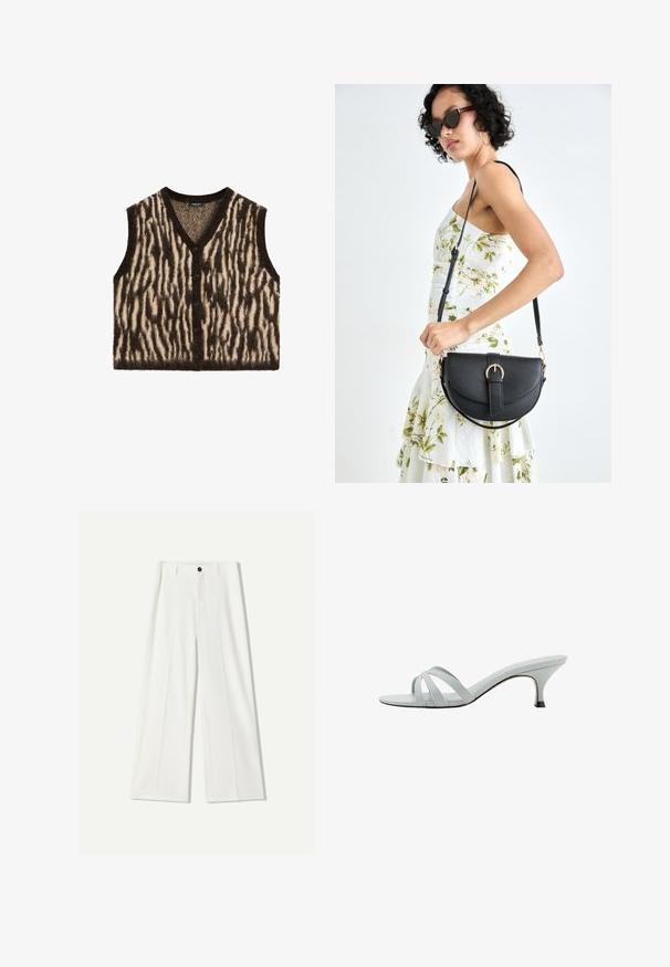 Pletená bezrukávová vesta s hnědým a krémovým zebrovým pruhem, výstřihem do V a pěti předními knoflíky. Měkký, strukturovaný materiál.; Bílá blůza s jedno-ramenným designem, která má květinový akcent na jedné straně a dlouhý, uvázaný panel v pase. Hladká textura.; Bílé široké kalhoty vyrobené z hladké tkaniny, se zapínáním na přední knoflík a sklady. Hladký přední design, žádné viditelné kapsy.; Světlé šedé sandále na podpatku se třemi křížovými pásky, štíhlým profilem a zužujícím se podpatkem. Hladký povrch s mírně lesklým vzhledem.; Černá kožená kabelka s křivkovým tvarem, odnímatelným popruhem a zlatými detaily. Kabelka má klopu s přezkou.