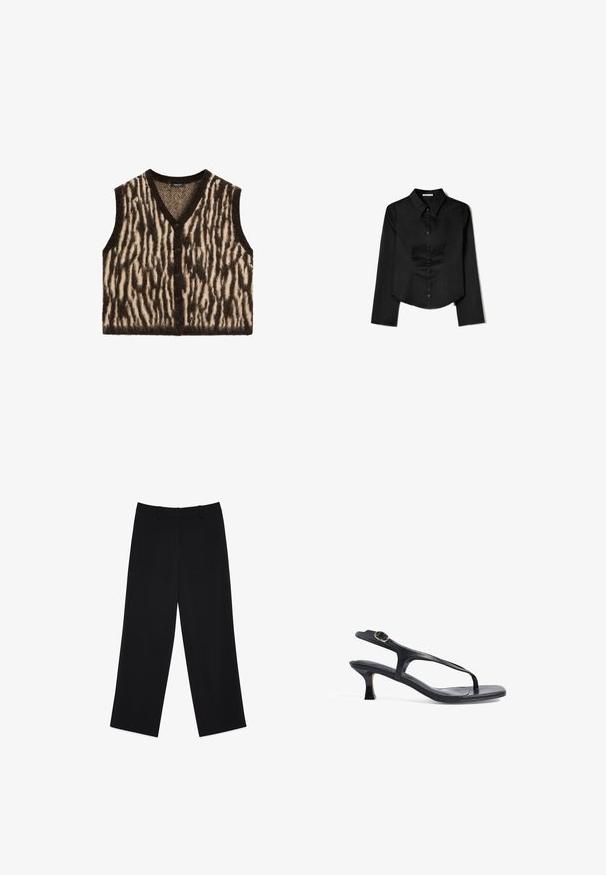 Strickweste ohne Ärmel mit einem braun-creamfarbenen Zebra-Streifenmuster, V-Ausschnitt und fünf Vorderknöpfen. Weiches, strukturiertes Material.; Schwarzes Langarmshirt aus glattem Stoff, mit spitzem Kragen, vorderem Knopfverschluss und einem gekürzten Saum mit seitlichen Schlitzen.; Schwarze weit geschnittene Hosen aus glattem Stoff. Mit frontalen Taschen und einem flachen Bund. Keine sichtbaren Muster oder metallischen Akzente.; Schwarze Ledersandale mit schlankem Design, dünnen Riemen und einem kleinen Absatz. Verfügt über eine Schnallenakzent und eine glatt strukturierten Fußbett.