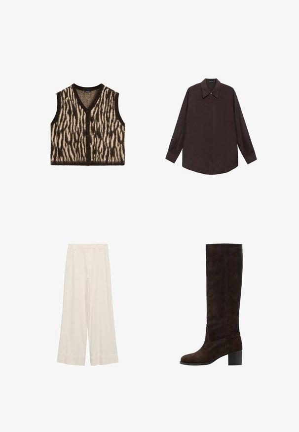 Gebreide mouwloze vest met een bruine en crèmekleurige zebra streep patroon, V-hals en vijf knopen aan de voorkant. Zacht, gestructureerd materiaal.; Donkergroene stoffen lange mouwen shirt met een puntige kraag, knoopsluiting aan de voorkant en een recht gesneden zoom. Gladde textuur en losse pasvorm.; Wijd uitlopende broek in crèmekleurige stof, met een gladde textuur, op maat gemaakte tailleband en scherpe naden. Platte voorkant met dubbel gestikte zoom.; Bruine suède kniehoog laars met een vierkante neus en blokhak. Gladde textuur en minimale stikdetails aan de buitenkant.