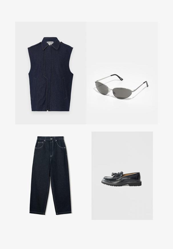 Džínová vesta, tmavomodrá, bez rukávov, zošité špičaté golier, vertikálny predný šev, dve predné vrecká, doplnená kontrastným žltým stehom.; Biely krátky rukáv tričko vyrobené z bavlny, s okrúhlym výstrihom a voľným strihom so rovnomerným lemovaním. Bez vzorov alebo ozdôb.; Široké tmavé denims nohavice s kontrastným bielym prešívaním, piatimi vreckami a zapínaním na gombík. Vyznačujú sa vysokým pásom.; Čierne kožené mokasíny s výraznou plochou podrážkou, prešitými detailmi, ozdobou s třásňami a hladkým povrchom.; Slnečné okuliare s elegantným, strieborným kovovým rámom, sivými tónovanými sklami a aerodynamickým dizajnom s ostrými hranami a tenkými rámikmi.