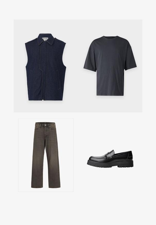 Džínová vesta, tmavě modrá, bez rukávů, špičatý límec, vertikální přední šev, dvě přední kapsy, zvýrazněná kontrastním žlutým prošíváním.; Tmavě šedé tričko s krátkým rukávem vyrobené z lehké bavlny, s volným střihem a klasickým kulatým výstřihem, s jednolitou strukturou a bez vzorů.; Džínové kalhoty s širokými nohavicemi v tmavě šedém denimu, s vysokým pasem, klasickým designem pěti kapes a kontrastním prošíváním podél švů.; Černé kožené mokasíny s masivní podrážkou a dekoračním páskem přes horní část, zobrazené v levém bočním profilu na bílém pozadí.