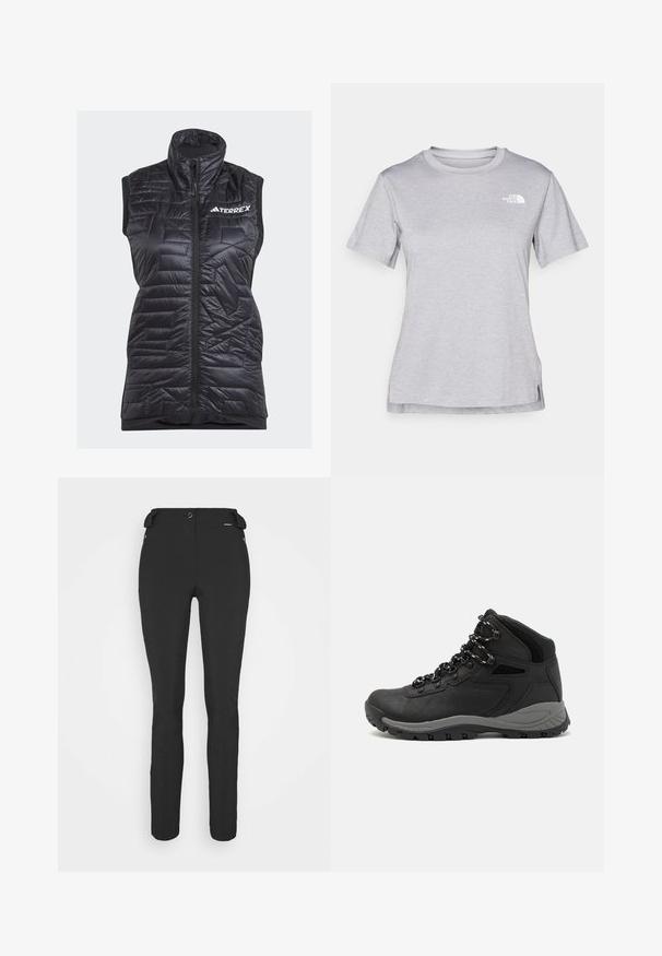 adidas Terrex XPERIOR VARILITE HYBRID PRIMALOFT - Waistcoat - black; Grey short-sleeve t-shirt made of soft, moisture-wicking fabric. Features a crew neck and a small white logo on the upper left.; Black, fitted pants made from a flexible material. Features include a zippered side pocket, articulated knees, and a smooth texture.; Black hiking boot with a mid-top design, featuring a textured upper, gray accents, and durable rubber sole with traction lugs.