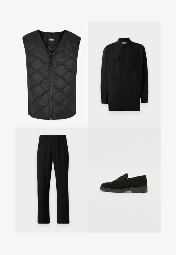 Svart kviltad väst med hög krage, framdragkedja och vågmönstrad sömnad. Tillverkad av mjukt och lätt tyg. Ingen ärm.; Svart knappened skjorta i slät tyg, med klassisk krage, två frampockets samt långa ärmar med knäppning vid handlederna.; Svart, elastisk midja byxor med raka ben, med en mjuk yta och utan synliga mönster eller metalldetaljer.; Svarta mockaloafers med låg klack, med ett enkelt band över ovandelen och texturerade detaljer längs sidorna.