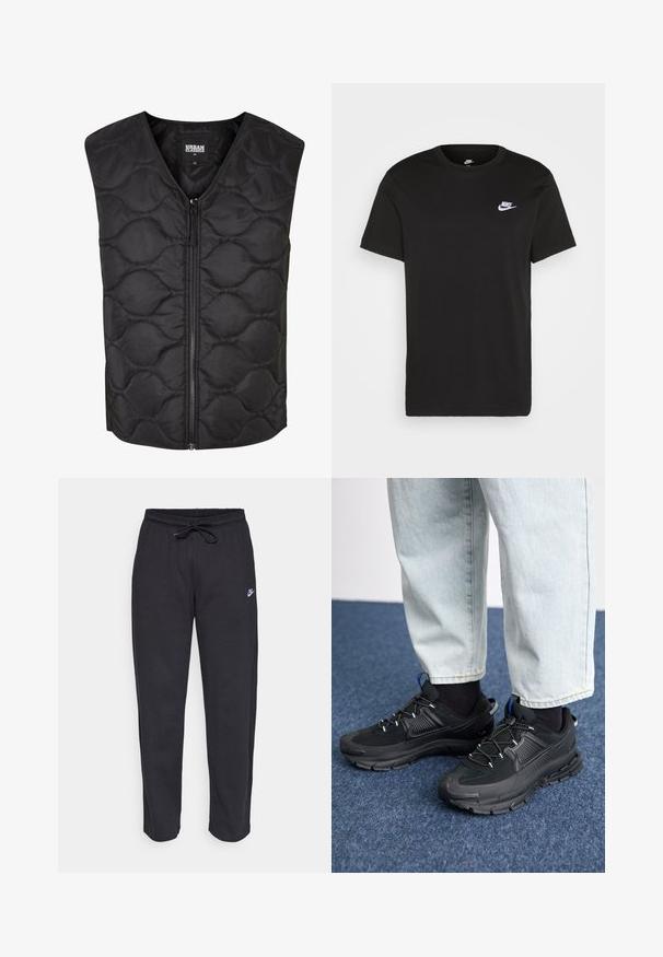 Crni kviltani prsluk s visokim ovratnikom, prednjim patentnim zatvaračem i šavovima u obliku valova. Izrađen od glatkog, laganog materijala. Bez rukava.; Crna pamučna majica s kratkim rukavima, okruglim izrezom i malim bijelim Nike logom na gornjoj lijevoj strani prsnog koša. Glatka tekstura. Klasičan kroj.; Crne trenirke od mekog materijala s elastičnom gumom u struku, kaptastom vezicom i malim Nike logom na lijevom butu.; Crne atletske cipele s teksturiranom tkaninom i gumene potplate, s elastičnim vezicama i plavim akcentom na peti. Nosene su s svijetlim trapericama.