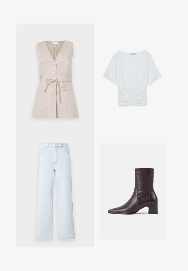 Uten ermer beige lin-kjole med V-hals, knappelukking foran, belte i midjen og to sidelommer.; Hvit kortermet topp med en avslappet passform, som har en innsamlet rynket design i midjen og en glatt stofftekstur. Merke: Anna Field.; Lyseblå denim vide bukser med højt liv, fem-lommer design og guld stikninger. Glat tekstur og lige snit.; Burgunderfargede ankelstøvler laget av glatt lær med spiss tå og blokkhæl. Skaftet er strømlinjeformet og tettsittende, og strekker seg til midt på leggen.