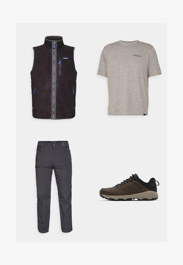 Juodas vilnonis liemenė su aukštu apykakle, pilna priekinė užtrauktukų versija, trimis užtrauktukais uždaromomis kišenėmis ir Patagonia logotipu kairėje krūtinės pusėje.; Pilkas trumpas rankovės marškinėliai, pagaminti iš minkštos, tekstūruotos medžiagos, ant kairiojo krūtinės puikuojasi mažas mėlynas Patagonia logotipas. Be papildomų raštų.; Tamsiai pilki kelnės, pagamintos iš patvarios medžiagos, su užtrauktuku užsegamu kišeniu, tiesiu kirpimu ir diržo kilpom pritaikytiems dydžiams.; Rudi nepralaidūs sportbačiai su tekstūruota viršutine dalimi, perforuotomis detalėmis, juodu kulno palaikymu ir pilku guminio padu. Šniūreliai yra dekoruoti metaliniais galais.