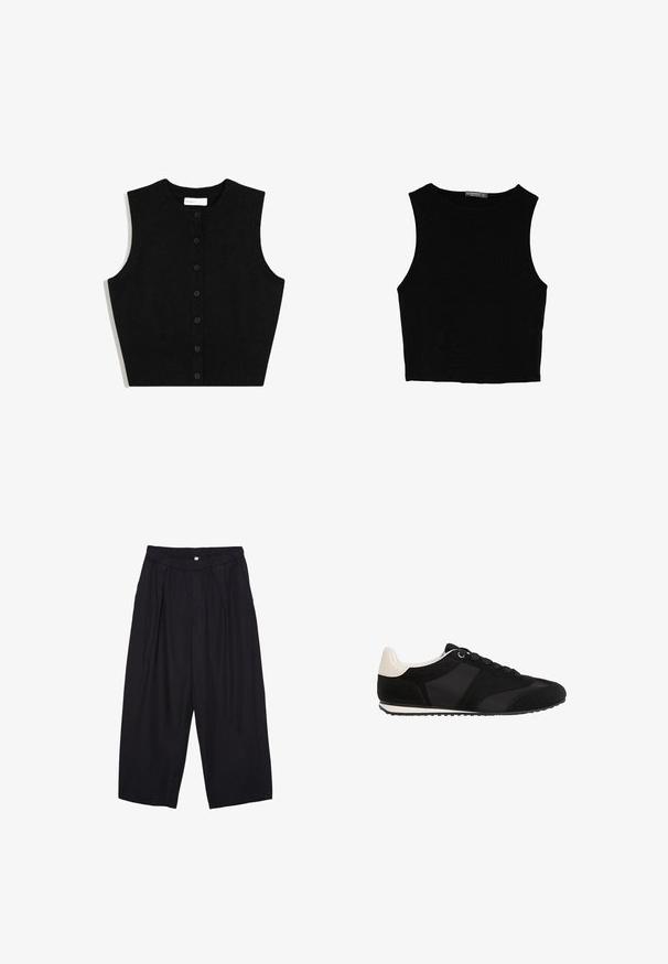 Črna pletena brezrokavna kardiganka z žametnim robom in šestimi sprednjimi gumbi. Ima zaobljen izrez in gladko teksturo.; Črn brez rokavov crop top, izdelan iz gladkega materiala, z okroglim izrezom in čistim, preprostim dizajnom brez vzorcev ali dodatkov.; Črne poliesterske culotte hlače z elastičnim pasom, dvema sprednjima nabiranjema in ohlapnim krojem. Brez vidnih vzorcev ali kovinskih detajlov.; Črne športne čevlje z teksturiranim nubuk usnjem, gladkimi sintetičnimi detajli in kontrastnim kremnim petnim delom. Imajo tradicionalne vezalke in gumijast podplat.