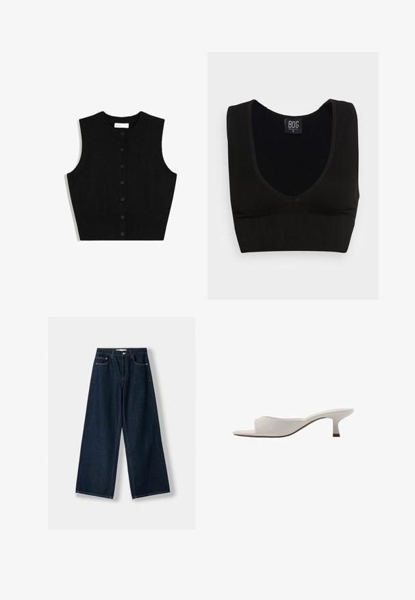 Cardigan senza maniche in maglia nera con orlo a costine e sei bottoni frontali. Caratterizzato da un collo rotondo e da una texture liscia.; Top a coste nero corto con spalline larghe e scollatura a V profonda. L'etichetta riporta "BDG", taglia piccola, con una texture liscia e design aderente.; Jeans larghi blu scuro in denim. Presentano cinque tasche, una chiusura con bottone e cerniera, e dettagli di cuciture a contrasto.; Mule bianche aperte davanti con un design curvo, tacco basso, texture liscia e un motivo di cuciture sottile. Accento marrone alla base del tacco.