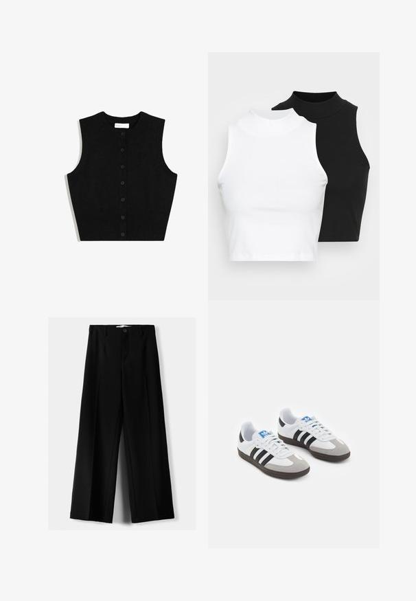 Schwarze gestrickte ärmellose Strickjacke mit geripptem Saum und sechs vorderen Knöpfen. Verfügt über einen runden Ausschnitt und eine glatte Textur.; Zwei ärmellose, gerippte Rollkragenoberteile in Schwarz und Weiß, mit einer figurbetonten Passform und glatter Textur sowie einer cropped Länge.; Schwarze weite Hosen aus leichtem Stoff, mit einem Knopfverschluss vorne und flachem Bund, mit sorgfältig genähten Säumen.; Sportschuhe mit einem Obermaterial aus weißem Leder, grauer Wildleder-Zehenkappe und drei schwarzen Streifen. Sie verfügen über ein blaues Logo auf der Zunge und eine strukturierte Gummisohle.