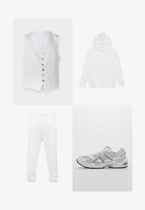 Chaleco blanco con un patrón texturizado, seis botones plateados y dos bolsillos delanteros. El interior también es blanco, con un diseño clásico de escote en V.; Sudadera de algodón blanca con capucha ajustable, bolsillo canguro, puños y dobladillo acanalados. Diseño simple, textura suave, apariencia limpia y minimalista.; Pantalones de chándal blancos hechos de una tela suave, con una cinturilla elástica, bolsillos laterales y puños elásticos en los tobillos.; Zapatilla deportiva de malla blanca con acentos grises, diseño estructurado, sistema de cordones, cuello acolchado y suela de goma para tracción.
