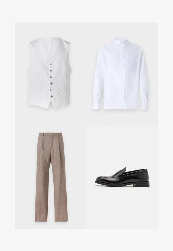 Valge vest, millel on tekstuuriga muster, kuus hõbedast nööpi ja kaks eesmist taskut. Sisemus on samuti valge, klassikalise V-kaeluse disainiga.; Valge pikamaa varrukatega nööbiga särk, mis on valmistatud puuvillast ja millel on rinna tasku toon-toonis brodeeringuga, krae ja nööbiga mansetid.; Prunnid, kõrge vöökohaga püksid, mis on valmistatud tekstureeritud kangast. Omavad laiu jalgu ja kahte eesmist voldikut struktuuri jaoks. Korralik viimistlus, ilma nähtava riistvarata.; Mustad mustad nahast loafers sileda tekstuuriga, ümarat ninaosa ja dekoratiivne riba vampi üle. Madal kihiline konts, minimalistlik disain.