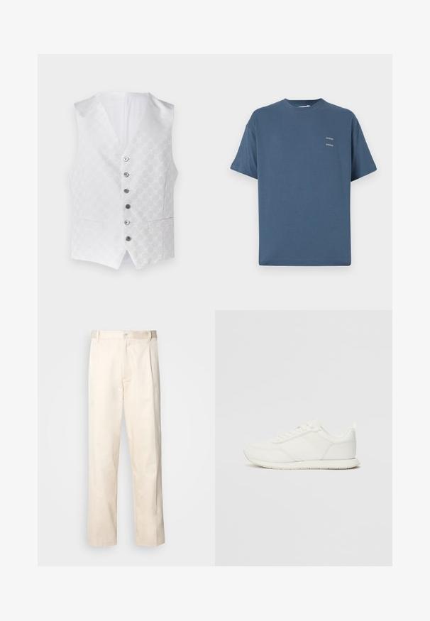 Fehér mellény, textúrált mintával, hat ezüst gombbal és két elülső zsebbel. A bélés szintén fehér, klasszikus V-nyakkivágással.; Kék pamut póló klasszikus kerek nyakkal, rövid ujjakkal, laza szabással és két kis nyomtatott logóval a mellkasán. Simább textúra.; Beige pamut nadrág egyenes szárú kivágással, gombos záródással és elülső redőkkel a részletek fokozása érdekében.; Fehér sneaker hálós és szintetikus felsőrésszel, kerek orral, lapos fűzőkkel és textúrázott oldalsávval. Gumi talp hátul húzófüllel.