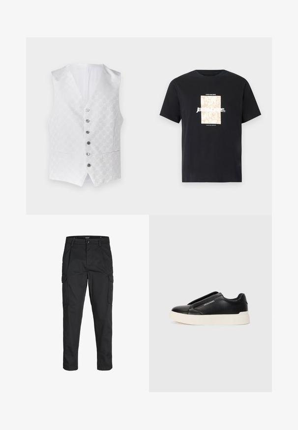 Weißes Weste mit strukturiertem Muster, sechs silbernen Knöpfen und zwei vorderen Taschen. Das Innere ist ebenfalls weiß und hat ein klassisches V-Ausschnitt-Design.; Schwarzes Baumwoll-T-Shirt mit Rundhalsausschnitt. Hat eine beige rechteckige Grafik und weißen Text "JAWO", zentriert auf der Vorderseite. Kurze Ärmel.; Schwarze Cargo-Hose aus robustem Material, mit mehreren Taschen, einem Knopfverschluss und einem Slim-Fit-Design mit schmal zulaufenden Beinen.; Schwarzer Schlupfschuh aus strukturiertem Lederobermaterial, mit weißer Gummisohle und ohne sichtbare Schnürsenkel. Mit Markenlogo an der Seite.