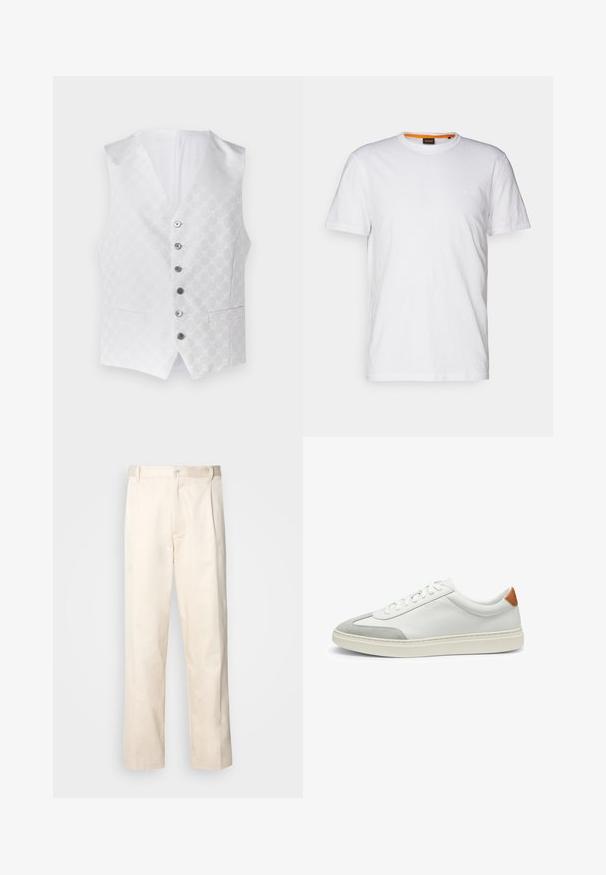 Valkoinen liivi, jossa on tekstuuripinta, kuusi hopeista nappia ja kaksi etupussia. Sisäpuoli on myös valkoinen, ja siinä on klassinen V-pääntie.; Valkoinen puuvillateepaita, jossa on pyöreä kaula-aukko, lyhyet hihat ja hillitty kohopainettu logo rinnassa. Sisämerkissä on oranssi yksityiskohta.; Vaaleanbeige puuvillahousut, joissa on suora lahje, varustettu nappisulkeisella ja etupuolella olevilla laskoksilla lisäyksinä.; Valkoiset nahkakengät, joissa on harmaat mikrokuituakkentit ja vaaleanruskea nahkakanta. Ominaisuuksiin kuuluu teksturoitu pinta ja kevyt pohja.