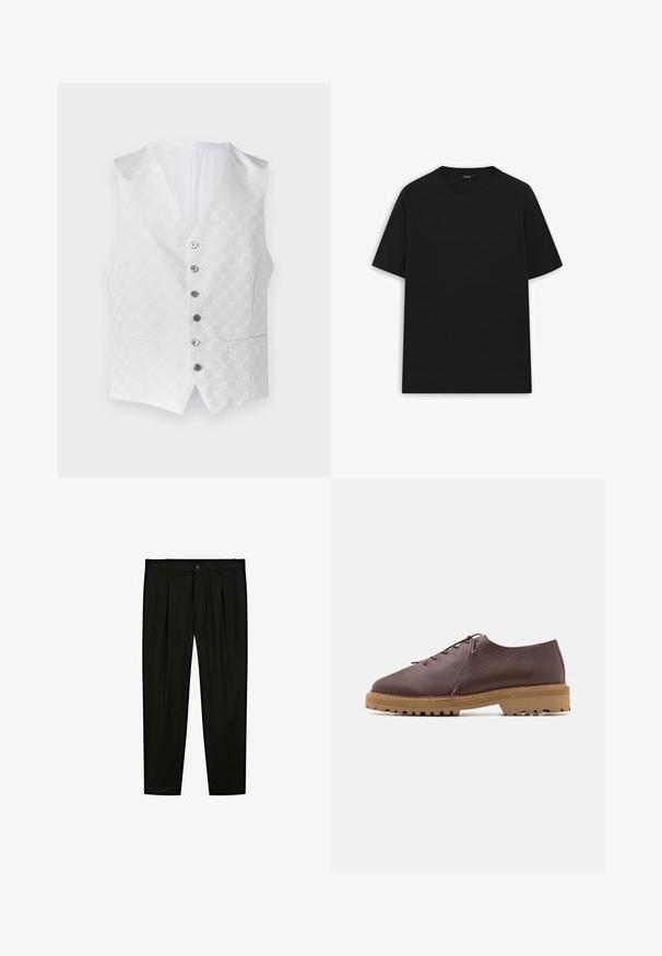 Vit väst med ett texturerat mönster, sex silverknappar och två framlås. Innervästen är också vit, med en klassisk V-halsdesign.; Svart bomullst-shirt med korta ärmar, rundad halsringning och en slät yta. Inga synliga mönster eller hårdvarudetaljer.; Svarta skräddarsydda byxor i ett mjukt tyg. Funktioner inkluderar slät framdel, vida ben och en knappstängning i midjan.; Bruna läderskor med en texturerad yta, rund tå och lätt gummisula med ett zigzag-mönster.