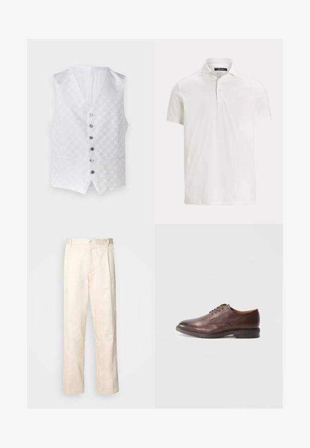Bela brezrokavnik z teksturiranim vzorcem, šestimi srebrnimi gumbi in dvema sprednjima žepoma. Notranjost je prav tako bela, s klasičnim V-izrezom.; Moška bela polo majica s kratkimi rokavi, ovratnik, dva gumba in diskretna etiketa z logotipom na notranji strani ovratnika.; Bež cottone hlače s ravnim krojem, ki imajo gumbasto zapiranje in nabore spredaj za dodatne detajle.; Moške formalne čevlje iz rjave usnje z vezalkami, z gladko površino in zloženim peto na belem ozadju.