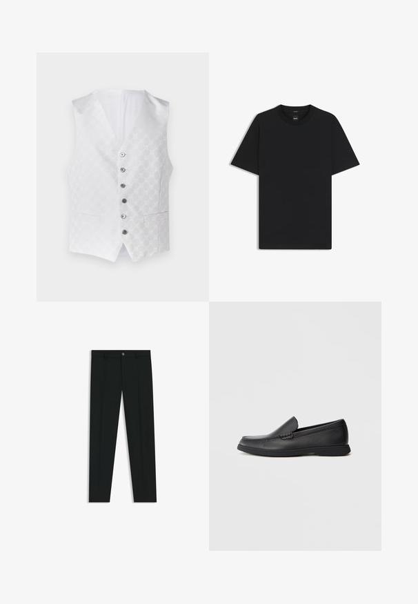 Hvid vest med et tekstureret mønster, seks sølvknapper og to forlommer. Indvendigt er den også hvid og har et klassisk V-hals design.; Sort kortærmet T-shirt lavet af en glat bomuldsblanding, med en rund halsudskæring og et minimalistisk design uden mønstre eller accenter.; Sorte dressbukser med lige ben-design, lavet af glat stof. Har en frontlukning med knap og bæltestropper. Enkle uden mønstre.; Sort læder slip-on loafers med tekstureret overdel, rund tå, lav hæl og gummisål, vist i sideprofil på hvid baggrund.