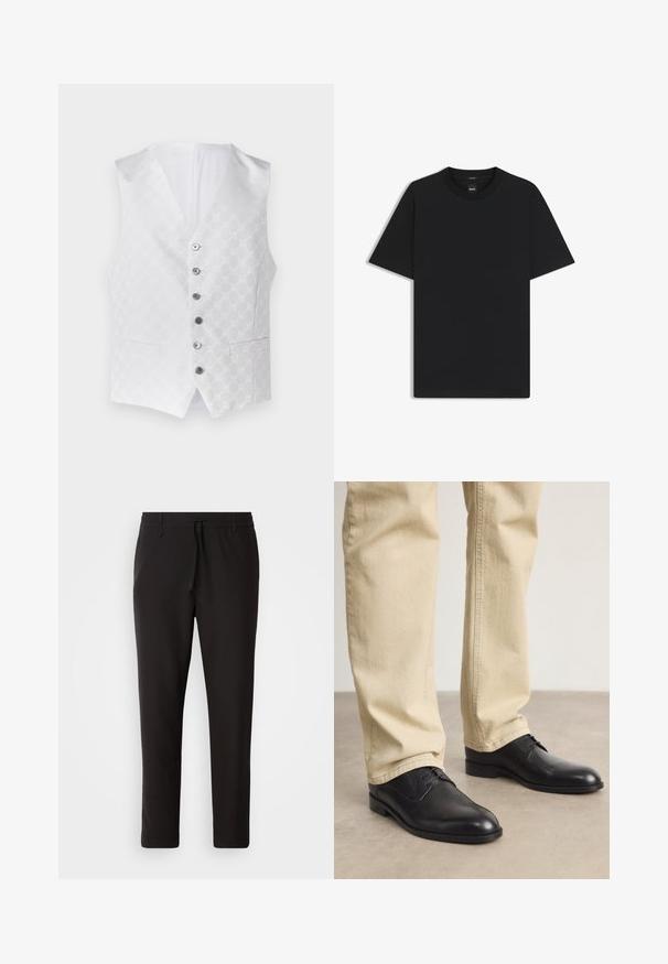 Hvid vest med et tekstureret mønster, seks sølvknapper og to forlommer. Indvendigt er den også hvid og har et klassisk V-hals design.; Sort kortærmet T-shirt lavet af en glat bomuldsblanding, med en rund halsudskæring og et minimalistisk design uden mønstre eller accenter.; Sorte joggebukser lavet af glat stof. Har en elastisk talje med snor, tætsiddende ben og ingen synlige lommer. Enkel design.; Sorte læder snørebåndssko med rund tå, glat finish og diskrete syninger, båret med lyse beige bukser.