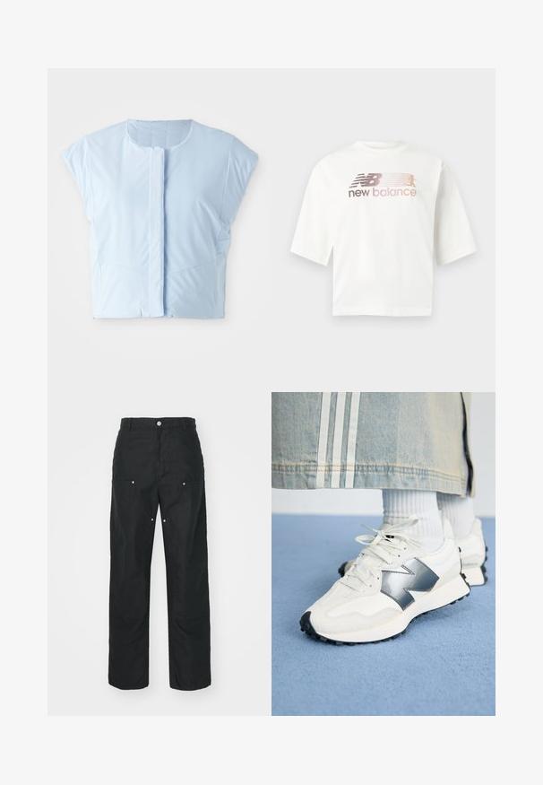 Svetlo modra skrajšana majica iz gladkega materiala, ki ima okrogel izrez, kratke rokave, sprednje zapiranje na gumbe in subtilne šive.; Bela kratka majica s kratkimi rokavi iz bombaža, z gradientnim logotipom v roza in sivi barvi, pod logotipom pa je napis "new balance".; Črne hlače ravnega kroja, izdelane iz teksturirane tkanine. Opremljene so z dekorativnim srebrnim okovjem in edinstvenimi detajli šivov.; Bele športne superge z srebrnim akcentom, teksturirano blago in gladko usnje; z črnim gumijastim podplatom in vezalkami.