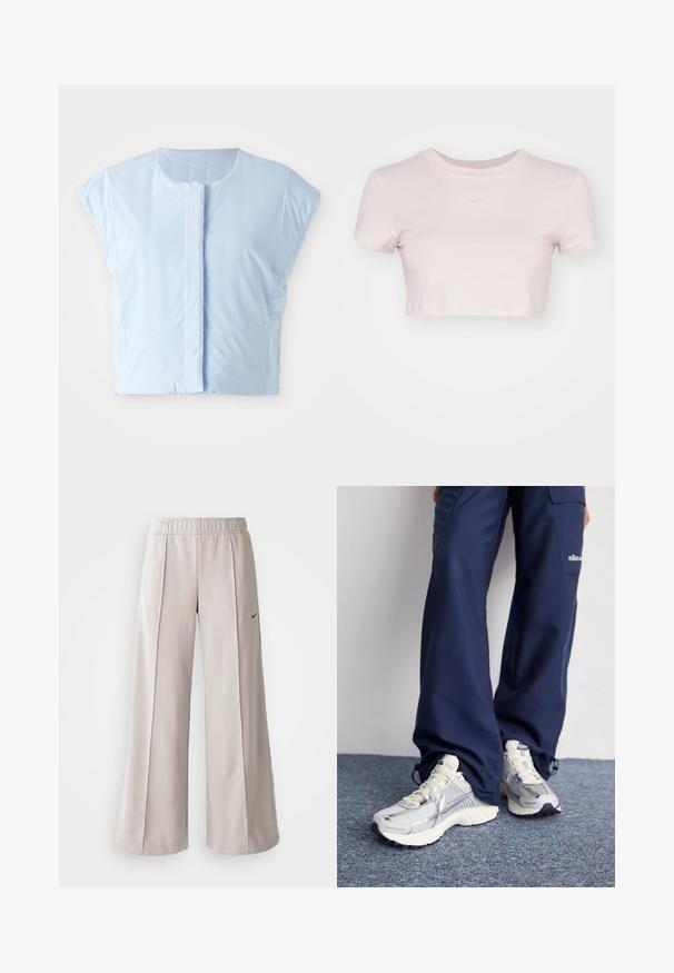 Gaiši zilā īsā augšdaļa, izgatavota no gludas auduma, ar apaļu kakla līniju, īsām piedurknēm, priekšējo pogu aizdari un smalku šuvju detaļām.; Grezno piegriezts T-krekls gaiši rozā krāsā, izgatavots no mīkstas auduma. Tam ir apaļa apmale un īsas piedurknes, ar mazu balto Nike logo krūtīs.; Gaiši pelēkas platas bikses, izgatavotas no gludas auduma. Iezīmēta ar elastīgu jostu un melnu Nike logo kreisajā pusē.; Nike sporta apavi ar sudraba sietu augšdaļu, baltām akcentiem un teksturētām zolēm, saskaņoti ar brīviem zila toņa biksēm.