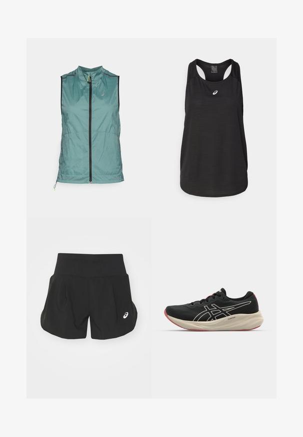 Ärmellose türkisfarbene Windbreaker-Weste mit schwarzem Reißverschluss, hohem Kragen und kleinem reflektierenden Logo auf der linken Brust.; Schwarzes sportliches Tanktop aus leichtem Material. Mit rundem Halsausschnitt, Racerback-Design und kleinem weißen Logo auf der Vorderseite.; Schwarze Sportshorts mit einem breiten Bund, plissiertem Design und einem kleinen weißen Logoakzent auf der unteren linken Seite. Weiches, leichtes Material.; Schwarzer Sportschuh mit einem Obermaterial aus Mesh und weißen Akzenten. Verfügt über eine gepolsterte Mittelsohle und ein rotes Außensohlen-Detail. Leichtes Design.