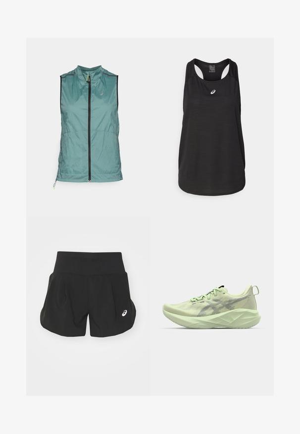 Mouwloze teal windjack vest met zwarte rits, hoge kraag en klein reflecterend logo op de linkerkant van de borst.; Zwarte sportieve tanktop van lichtgewicht stof. Heeft een ronde halslijn, racerback ontwerp en een klein wit logo op de voorkant.; Zwarte sportshorts met een brede tailleband, geplooid ontwerp en een klein wit logo accent aan de linkerkant onderaan. Zacht, lichtgewicht materiaal.; Lichtgroene sportschoen met een bovenwerk van mesh, getextureerde accenten en een dikke, hoekige zool voor verbeterde demping en ondersteuning.