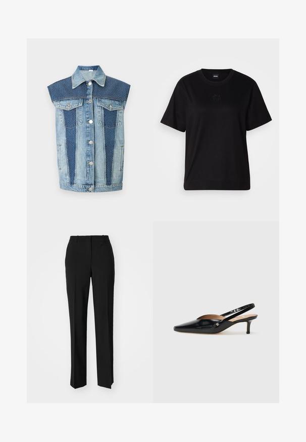 Colete de ganga sem mangas com um corpo azul claro e painéis pontilhados em azul escuro, fechos de botão e dois bolsos frontais.; T-shirt de algodão preto com decote redondo, mangas curtas e um logótipo bordado no peito. Corte simples e descontraído, sem padrões.; Calças pretas de corte ajustado com um design de perna reta, apresentando uma textura lisa e pregas bem definidas na frente. Sem hardware visível.; Sandal de salto slingback em pele patente preta, com bico pontiagudo, salto baixo e um design recortado no peito do pé. Acessório em tom dourado de destaque na lateral.
