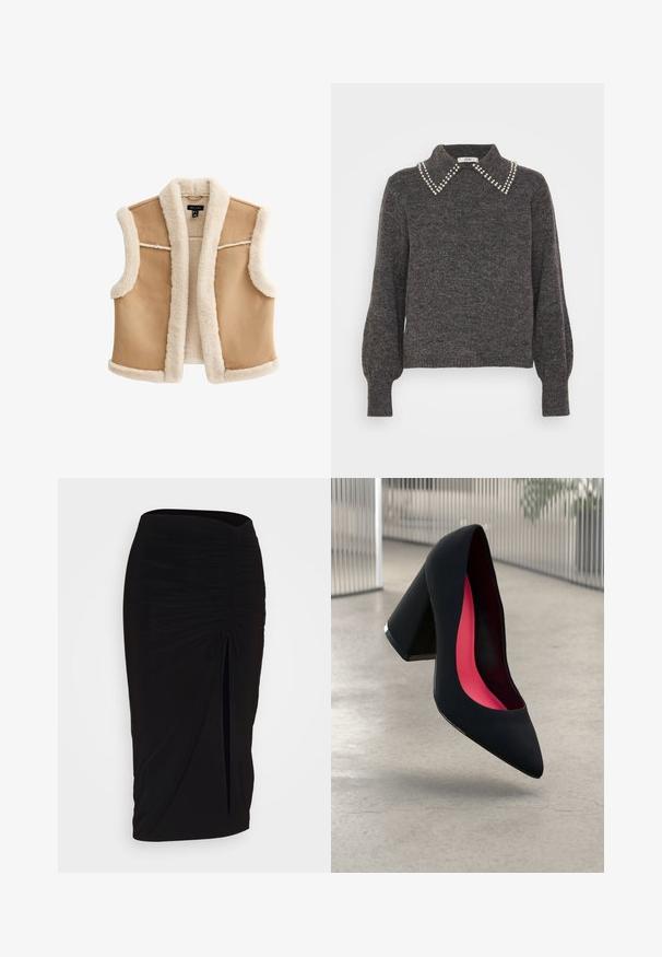 Chaleco sin mangas de color beige con un suave y esponjoso forro crema. Presenta un gran cuello y acabados en contraste. Está hecho de un material texturizado, similar al ante.; Suéter gris oscuro de punto texturizado, con un collar adornado con acentos de perlas y mangas abullonadas, puños acanalados y dobladillo.; falda lápiz negra con fruncido, detalle de lazo y abertura lateral. Hecha de un tejido elástico, con una textura suave y un diseño ajustado.; Zapato de tacón alto negro con puntera afilada, superficie texturizada y un interior de un rosa vibrante. Presenta un tacón grueso con un acento plateado.