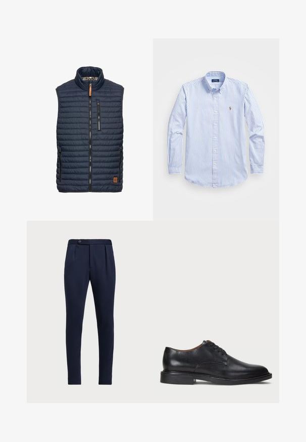 Marineblaues Stepp-Westenmodell mit vertikalem Quiltmuster, hohem Kragen, Frontreißverschluss und zwei seitlichen Taschen. Mit einem Akzent in Form eines braunen Lederlogos.; Helles blau-weiß gestreiftes Hemd mit Knopfverschluss, klassischem Kragen, langen Ärmeln und einem kleinen gestickten Logo auf der Brust.; Marineblaue maßgeschneiderte Hose mit flacher Front, zwei vorderen Falten und einem einzelnen Knopfverschluss, aus einem glatten, strukturierten Stoff.; Schwarze Lederdressschuhe mit runder Zehenform, Schnürdesign und niedrigem gestapeltem Absatz. Glatte Textur mit minimalen Nähten.