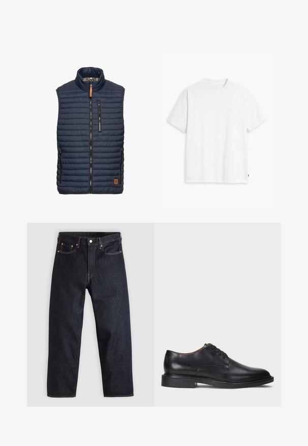 Granatowa kamizelka puchowa z pionowym wzorem pikowania, wysoka stójka, zamek błyskawiczny z przodu oraz dwie boczne kieszenie. Posiada brązowy skórzany akcent z logo.; Biała bawełniana koszulka z krótkim rękawem, okrągłym dekoltem i dyskretnym logo Levi's nadrukowanym na środku. Miękka tekstura i standardowy krój.; Granatowe dżinsy w prostym kroju, z pięcioma kieszeniami, kontrastującymi pomarańczowymi szwami oraz zapięciem na guzik. Brak widocznych wzorów lub zdobień.; Czarne skórzane buty wizytowe z okrągłym noskiem, sznurowanym zapięciem i niskim, warstwowym obcasem. Gładka faktura z minimalnymi detalami stębnowania.