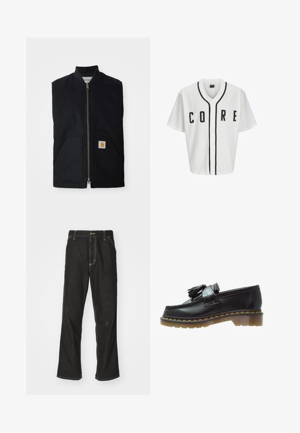 Black sleeveless vest made of durable fabric, featuring a front zipper, two pockets, and a logo patch on the lower right pocket.; White baseball-style jersey with short sleeves, black front buttons, and bold "CORE" lettering in black. Features black accent trim along the collar.; Long-sleeve white cotton T-shirt with a crew neck, featuring a small yellow and burgundy logo on the left chest. Seamless cuffs and hem.; Black denim jeans with a loose fit, featuring contrasting white stitching, a button closure, and a straight leg design.; Black leather loafers with a textured finish, featuring a decorative tassel and contrasting yellow stitching, on a chunky, transparent sole.