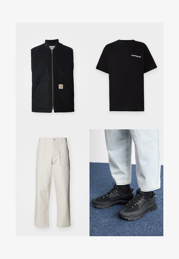 Colete preto sem mangas feito de tecido resistente, com um fecho à frente, dois bolsos e um patch com o logótipo no bolso inferior direito.; T-shirt preta de algodão com mangas curtas, decote redondo e logótipo branco "Carhartt" no peito esquerdo. Textura suave, design minimalista.; Calças largas em bege claro, feitas de algodão. Apresentam bolsos frontais e fecho com botão. Textura suave com linhas verticais subtis.; Sapatilhas desportivas pretas com tecido texturizado e solas em borracha, apresentando atacadores elásticos e um detalhe azul no calcanhar. Usadas com calças de ganga claras.