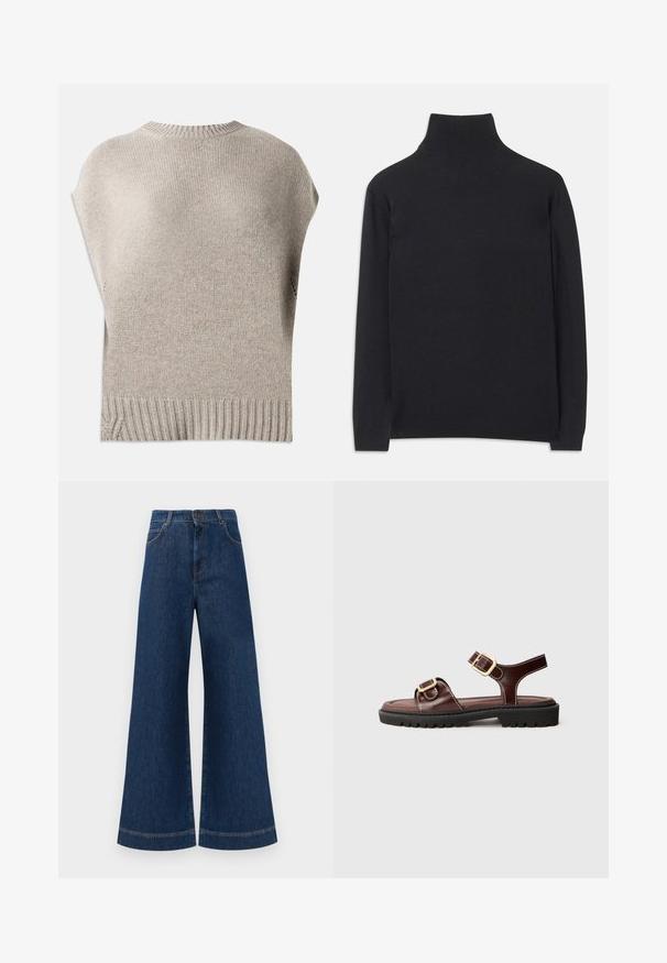 Bežový pletený sveter s krátkymi rukávmi, rebrovaným výstrihom a lemom. Hladká textúra s mierne voľným strihom, ktorý má bočné švy blízko lemu.; Čierny rolák z mäkkej tkaniny. Má dlhé rukávy, vysoký golier a rebrované manžety a lem pre priliehavý vzhľad.; Modré denimové nohavice so širokými nohavicami a vysokým pásom, ktoré majú gombíkový zapínanie, pútka na opasok a jemné švy pozdĺž vreciek a lemov.; Hnedé kožené sandále s dvoma prackami, plochou podrážkou a textúrovanou čiernou podrážkou. Obsahujú prešité akcenty a otvorený dizajn.