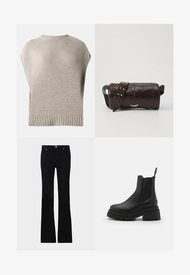 Suéter de punto beige con mangas cortas, cuello y dobladillo acanalados. Textura suave con un ajuste ligeramente holgado, presentando costuras laterales cerca del dobladillo.; Blusa negra de tela suave, con escote con cordones y patrón floral. Las mangas largas y abullonadas y un corte relajado completan el diseño.; Pantalones vaqueros de talle ancho en negro, confeccionados en denim, con dos bolsillos frontales, cierre de botón y una textura suave. Costuras distintivas visibles en las costuras.; Botas Chelsea negras de cuero liso con paneles laterales elásticos, suela de goma gruesa y estriada, y una lengüeta en la parte trasera.; Bolso de cuero marrón con estampado de cocodrilo, de forma cilíndrica, con herrajes en tono dorado y una correa desmontable con tachuelas.