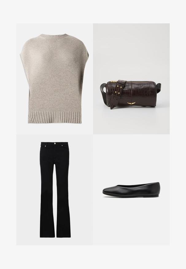 Beige gebreide trui met korte mouwen, geribbelde hals en zoom. Gladde textuur met een iets losse pasvorm, met zijschoenen nabij de zoom.; Zwarte blouse gemaakt van zachte stof, met een vetersluiting in de halslijn en een bloemenpatroon. Lange, opgeblazen mouwen en een losse pasvorm maken het ontwerp compleet.; Zwarte flared jeans van denim, met twee voorzakken, een knoopsluiting en een gladde textuur. Kenmerkende stiksels zichtbaar bij de naden.; Paul Smith TOPANGA - Ballerina's - black; Bruine krokodil-embosserende leren tas met een cilindervorm, gouden hardware en een afneembare schouderband met studs.