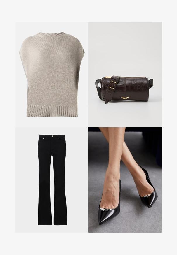 Beige gestrickter Pullover mit kurzen Ärmeln, geripptem Kragen und Saum. Glatte Textur mit etwas lockerer Passform, ausgestattet mit Seitennähten nahe dem Saum.; Schwarze Bluse aus weichem Stoff, mit einem Schnürkragen und floralem Muster. Lange, puffige Ärmel und eine lockere Passform runden das Design ab.; Schwarze, ausgestellte Jeans aus Denim, ausgestattet mit zwei Fronttaschen, einem Knopfverschluss und einer glatten Oberfläche. Signatur-Nähte an den Nähten sichtbar.; Schwarze Leder-Pumps mit hohem Absatz, spitzer Zehenform und offenem Design, ausgestattet mit einem dekorativen silbernen Akzent. Glatte Textur mit poliertem Finish.; Braune, krokodilgeprägte Lederhandtasche mit zylindrischer Form, goldfarbener Hardware und einem abnehmbaren Tragegurt mit Nieten.