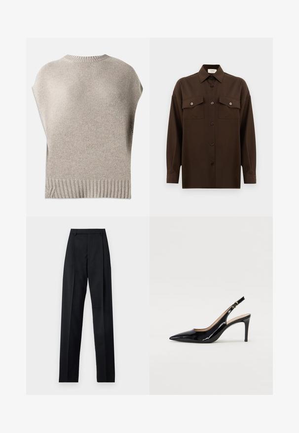 Sweater de malha bege com mangas curtas, decote e bainha canelados. Textura suave com um ajuste ligeiramente solto, apresentando costuras laterais perto da bainha.; Camisa de botões de manga longa castanho-escuro, com dois bolsos de aba no peito e um colarinho clássico, apresentada contra um fundo branco liso.; Calças pretas feitas de um tecido suave, com uma cintura alta, pernas largas, pregas frontais e passadores de cinto clássicos. Não há bolsos laterais visíveis.; Sandal com salto em verniz preto, bico fino, salto esguio e um design de recorte subtil. Apresenta uma fivela dourada na alça.