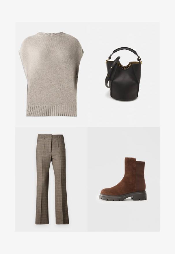 Beige gebreide trui met korte mouwen, geribbelde hals en zoom. Gladde textuur met een iets losse pasvorm, met zijschoenen nabij de zoom.; Witte ribben top met korte mouwen en een brede hals. De textuur heeft verticale strepen, die een snug fit en eenvoudig ontwerp benadrukken.; Bruine geruite broek met een rechte pijp, uitgerust met een gestructureerde stof en subtiele kleuren van beige en donkerbruin door het patroon.; Bruine suede enkellaars met elastische zijpanelen, ronde neus en een dikke rubberen zool met een gestructureerd loopvlakpatroon.; Zwarte leren emmer tas met een gestructureerde afwerking, gouden hardware accenten en een open bovenkant. Heeft een korte handgreep en een verstelbare schouderriem.