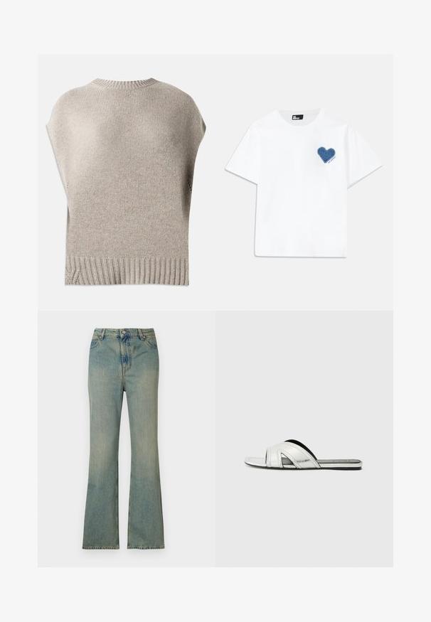 Bežinė megzta palaidinė su trumpomis rankovėmis, įrengtais įglebiais apykakle ir apačia. Lygi tekstūra su šiek tiek laisvu siluetu, su šoninėmis siūlėmis netoli apačios.; Balta medvilninė marškinėliai su trumpomis rankovėmis ir apvaliu kaklu. Kairėje krūtinės pusėje yra mėlynos džinsinės širdies aplikacija su tekstu po ja.; Šviesiai mėlynos džinsinės kelnės su plačiais apatiniais, aukštu liemeniu, penkiomis kišenėmis ir užtrauktuku. Švarus, išblukęs apdaila su subtiliomis siuvimo detalėmis.; Sidabrinės plokščios šlepetės su metaliniu apdailos paviršiumi, turinčios išlenktos dirželio dizainą, išpjovų akcentus ir tekstūruotą padą kiekvienai gravitacijai.