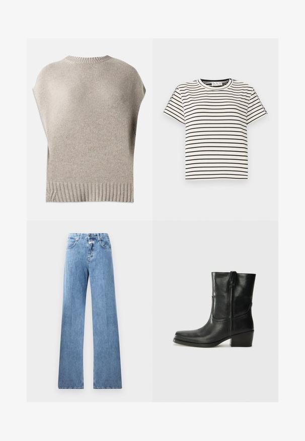 Vaaleanbeige neulepaita, jossa on lyhyet hihat, ribattu kaula-aukko ja helma. Sujuva rakenne, hieman väljän mallinen, jossa on sivusaumat lähellä helmaa.; Lyhythihainen puuvillapaita, jossa on pyöreä pääntie, mustia pystysuoria raitoja valkoisella taustalla ja suora leikkaus.; Vaaleansiniset farkut, joissa on leveä lahje, viisi taskua, vyölenkit ja nappikiinnitys. Kankaan pinta on sileä.; Musta nahkasaapas nilkkamittaisella varrella, pyöreällä kärjellä, lohkarekorolla, sivuvetoketjulla ja ompeluaksentilla varren yläosassa. Suora pinta, klassinen muotoilu.