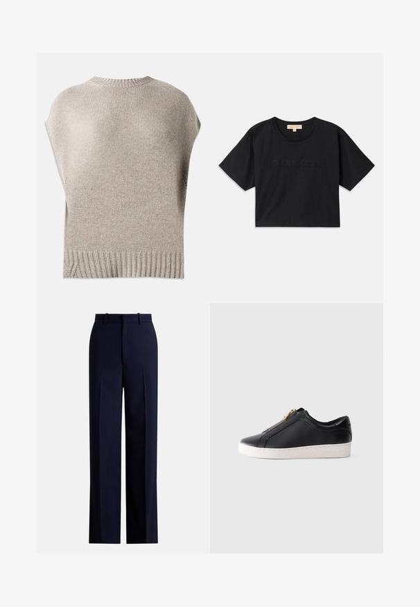 Bežani pleteni džemper s kratkim rukavima, rebrastim izrezom i rubom. Glatka tekstura s lagano širokim krojem, s bočnim šavovima blizu ruba.; Crna kratka majica od pamuka. Ima okrugli izrez i kratke rukave. "MICHAEL KORS" izvezena u boji koja odgovara na prednjoj strani.; Nafte hlače ravnog kroja, sa naborima, petljama za remen i glatkom teksturom. Napravljene od lagane tkanine.; Crne kožne tenisice niskog potkoljenka s bijelim potplatom i zlatnim zatvaračem, bočni prikaz, minimalistički stil na jednostavnom pozadini.