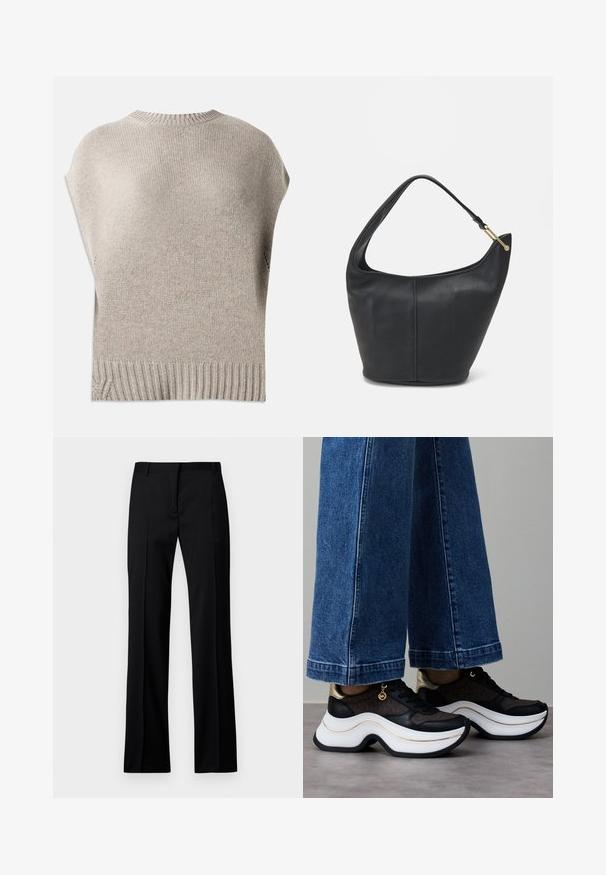 Beige strikket genser med korte ermer, ribbestrikket halslinning og kant. Glatt tekstur med en litt løs passform, med sidesømmer nær kanten.; Svart cropped t-skjorte laget av bomull. Har rund hals og korte ermer. "MICHAEL KORS" brodert i matchende farge foran.; Svarte rettloved bukser i glatt stoff, med flat front, beltefester og ingen synlige lommer eller utsmykninger.; Svarte og gullfargede sneakers med buet hvit såle. Strukturert stoff med logodetaljer. Kombinert med vide blå denimbukser.; Svart lærveske med en rund form, bred stropp og strukturert overflate. Har en subtil sømdetalj og gullfarget beslag.