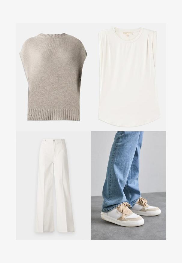 Bežový pletený sveter s krátkymi rukávmi, rebrovaným výstrihom a lemom. Hladká textúra s mierne voľným strihom, ktorý má bočné švy blízko lemu.; Biely top bez rukávov vyrobený z hladkej tkaniny, s okrúhlym výstrihom a jemnými skladmi na pleciach, s zakriveným lemom.; Biele široké nohavice vyrobené z bavlny s hladkou textúrou. Obsahujú predný gombík, zips a dizajn so štyrmi vreckami.; Biele a béžové tenisky s textúrovanými panelmi, s béžovými šnúrkami a gumovou podrážkou, skombinované s svetlomodrými džínami.