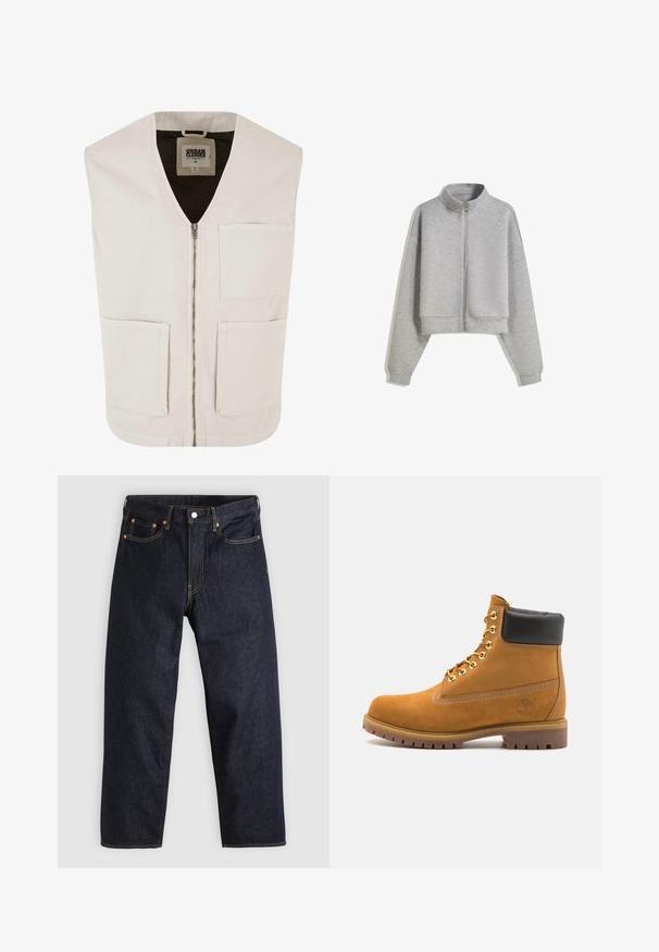 Ljusbeige ärmlös väst med V-ringning, framdragkedja och två stora framfickor. Tillverkad av ekologisk bomull med en mjuk textur.; Avskuren grå zip-up sweatshirt med hög krage, långa ärmar och ribbade ärmslut. Tillverkad av ett mjukt, lätt material med en slät yta.; Vit muskelpassande t-shirt tillverkad i bomull. Rund hals, korta ärmar, slät textur. Litet svart logotag vid fållen. Enkelt design.; Mörkblå denimjeans med rak passform, fem fickor, kontrasterande orange sömmar och knappgylf. Inga synliga mönster eller dekorationer.; Tan mockasins ankelstövlar med svart vadderad krage, guldmetallöglor, vit sömdekor och slitstöt gummisula med utmärkta mönster.