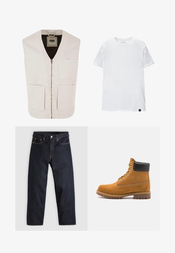 Hellbeige ärmellose Weste mit V-Ausschnitt, frontalem Reißverschluss und zwei großen Fronttaschen. Hergestellt aus biologischer Baumwolle mit einer glatten Textur.; Weißes Muskel-fitt T-Shirt aus Baumwolle. Rundhals, kurze Ärmel, glatte Textur. Kleines schwarzes Logo-Tag am Saum. Schlichtes Design.; Dunkelblaue Jeans aus Denim mit geradem Schnitt, fünf Taschen, kontrastierenden orangen Nähten und einem Knopfverschluss. Keine sichtbaren Muster oder Verzierungen.; Beige Wildleder-Ankle-Boot mit schwarzem gepolstertem Kragen, goldenen Metallösen, weißen Nähdetalben und einer robusten Gummisohle mit ausgeprägtem Profil.