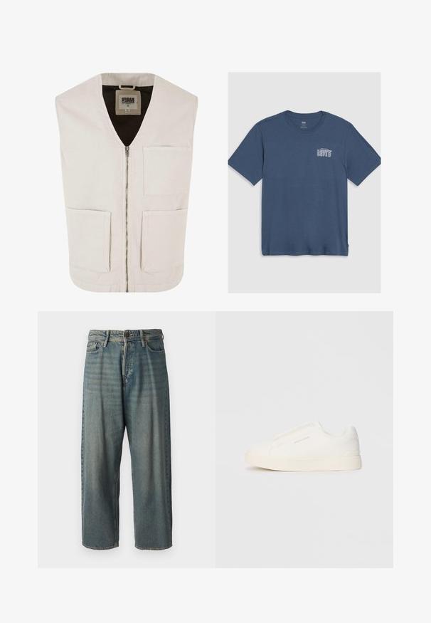 Gai bēša krāsas bez piedurknēm vests ar V veida kakla izgriezumu, priekšējo rāvējslēdzēju un divām lielām priekšējām kabatām. Izgatavots no organiskās kokvilnas ar gludu tekstūru.; Zila kokvilnas T-kreklu ar apaļu kaklu un īsām piedurknēm. Baltā "Levi's" logo ir izdrukāts kreisajā krūšu daļā. Vienkāršs dizains.; Gaiši zili džinsi ar brīvu piegriezumu, vidējo jostas augstumu un taisnām kājām. Satur piecas kabatas, jostas cilpas un pogu aizdari.; Baltas slip-on sporta apavi ar teksturētu virsmu, biezu zoli un minimālistisku dizainu. Sānos redzams zīmola logotips.